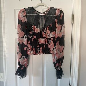 Free people Floral Black and Pink Lace Top